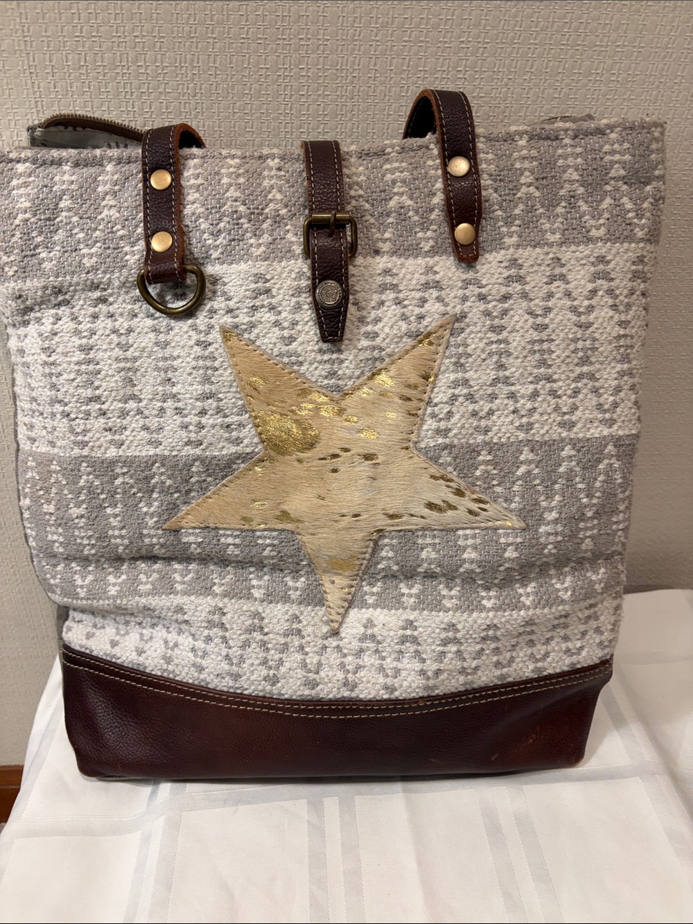 Myra Bag Gray & White Woven Tote with Gold Star and Brown Leather Trim